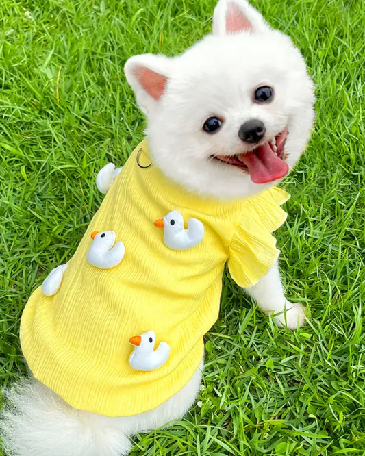 Cutest yellow summer dog dress with plush ducks on the back and ruffle sleeves.