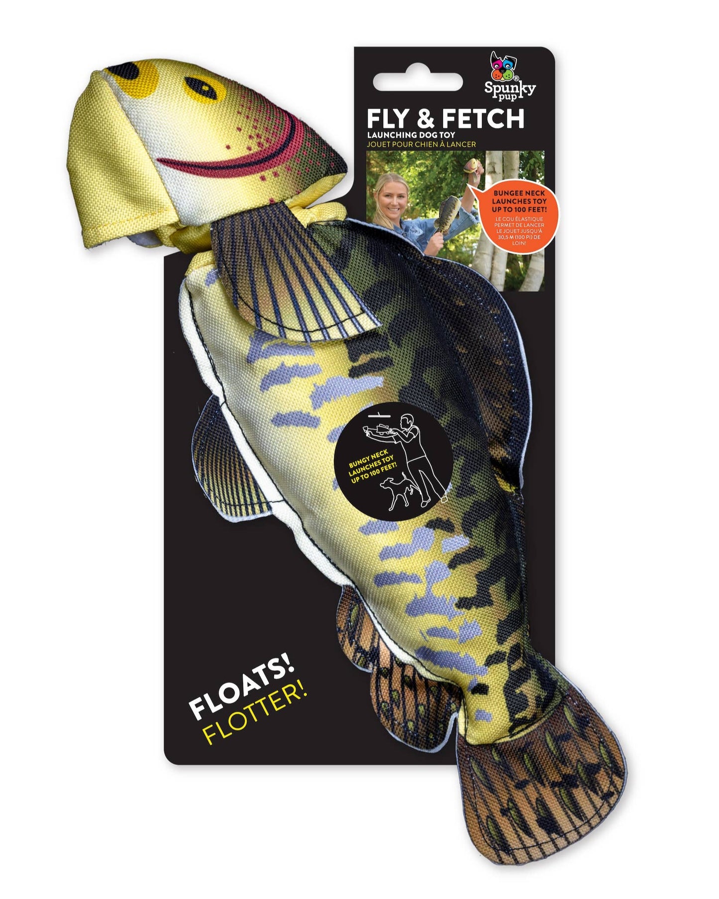 spunky pup fly and fetch launching dog toy fish white background