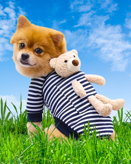 Navy and white striped dog shirt with a teddy bear in the pocket for dogs. Toy and shirt on one.