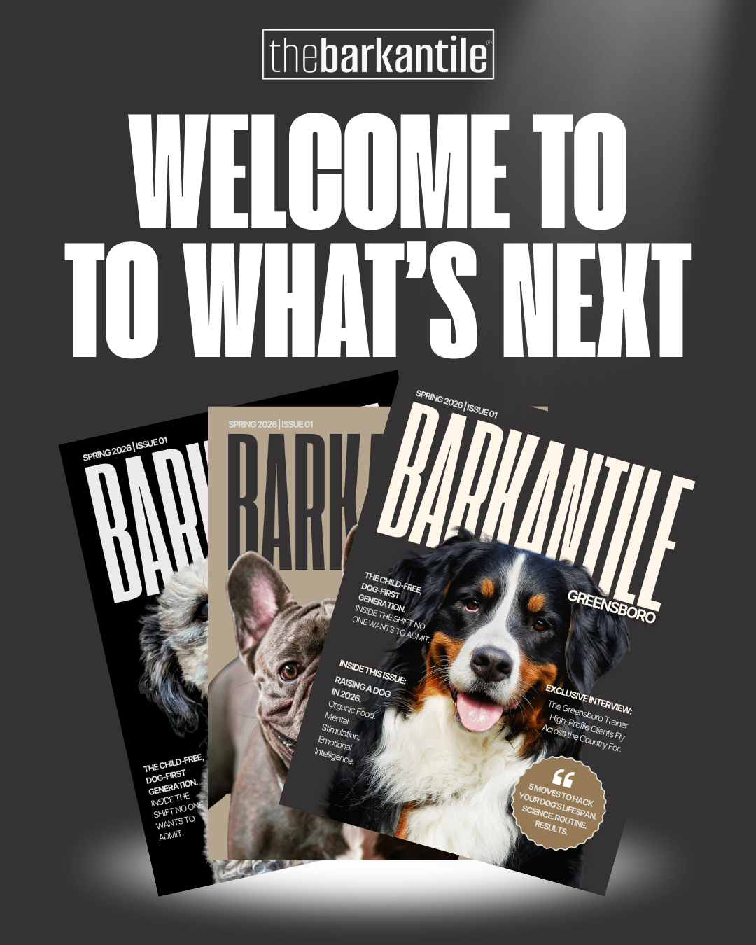 Promotional graphic for 'the barkantile' magazine with dog images and text on a dark background.