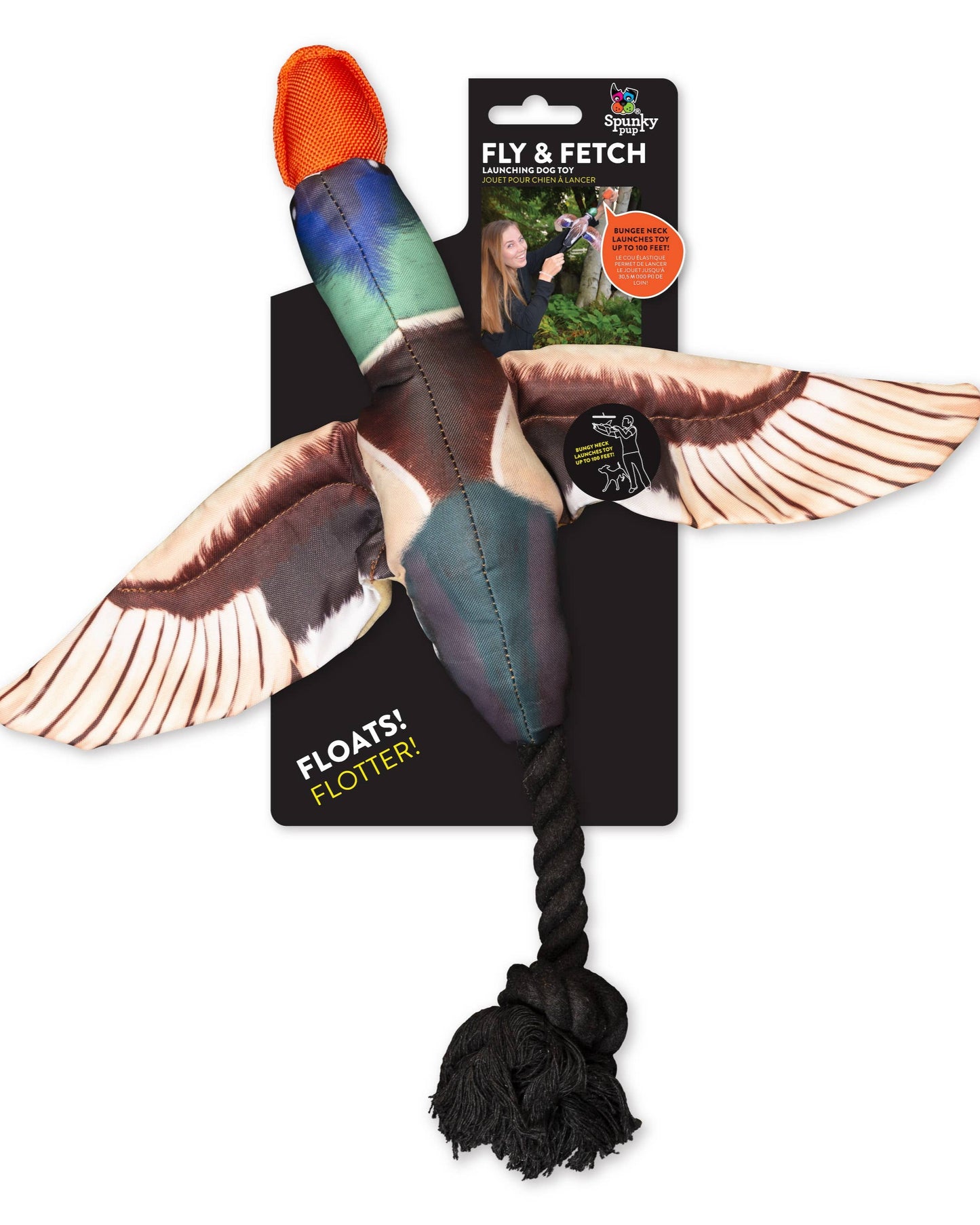 spunky pup fly and fetch launching dog toy duck white background