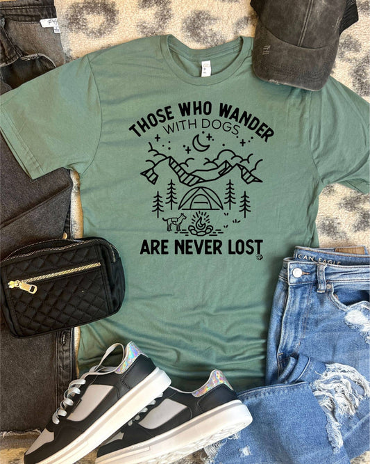 Those who wander with dogs are never lost green hiking dog t-shirt tee shirt